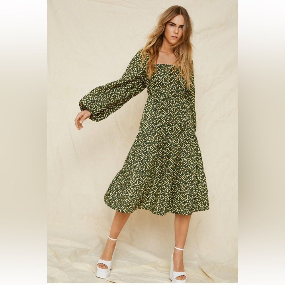 Nasty Gal Olive Green Floral Midi Dress
